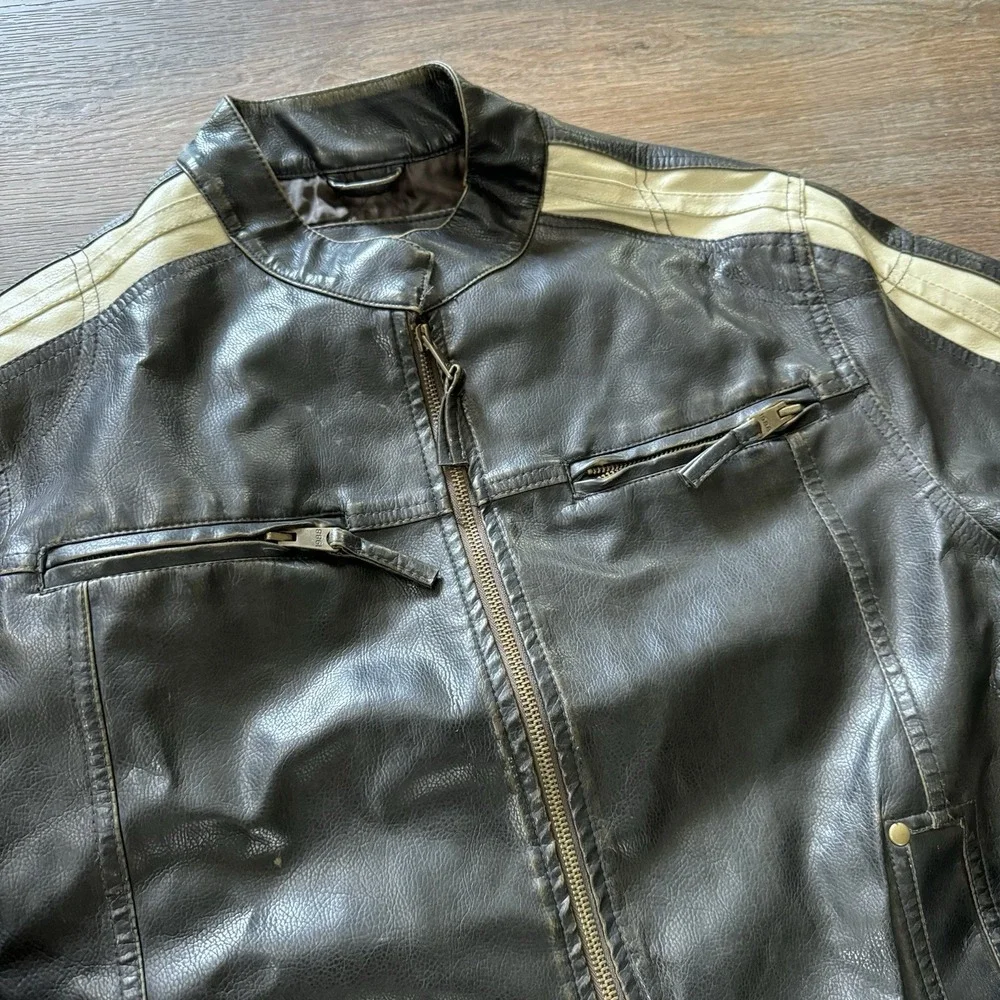 Vintage Arizona Faux Leather Jacket M Cafe Racer Moto Biker Striped Black Mens - Picture 3 of 8